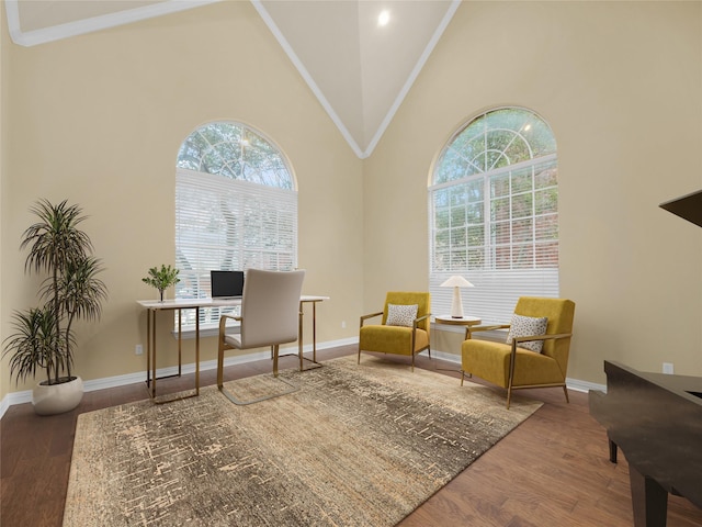 office area with a high ceiling, baseboards, and wood finished floors