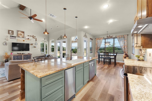 kitchen with french doors, visible vents, green cabinets, a sink, and under cabinet range hood