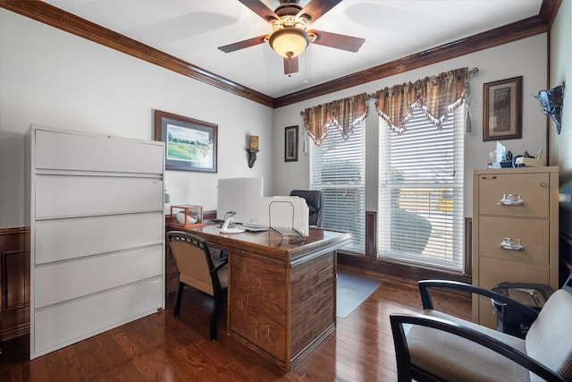 office area with a ceiling fan, crown molding, and wood finished floors