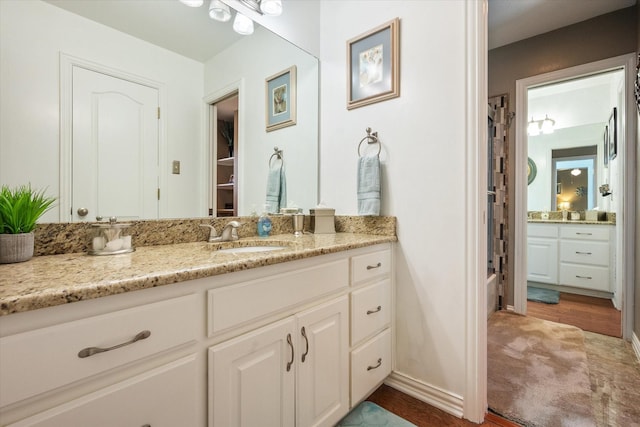 bathroom featuring walk in shower and vanity