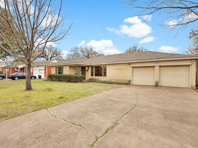 ranch-style house with driveway, roof with shingles, an attached garage, a front yard, and brick siding