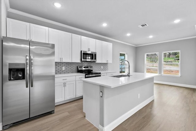 kitchen featuring crown molding, visible vents, appliances with stainless steel finishes, white cabinetry, and a sink