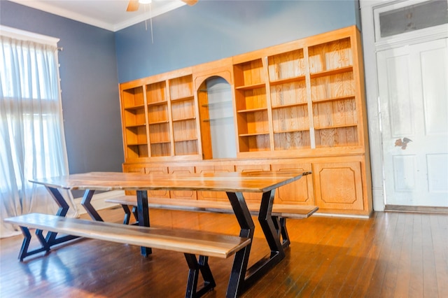 office with ceiling fan, ornamental molding, and hardwood / wood-style flooring