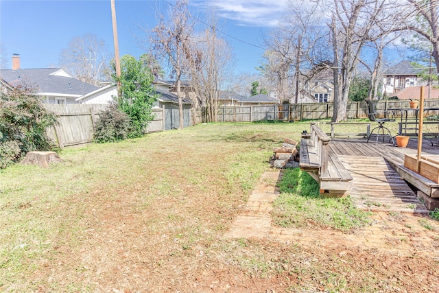 view of yard with a wooden deck and a fenced backyard