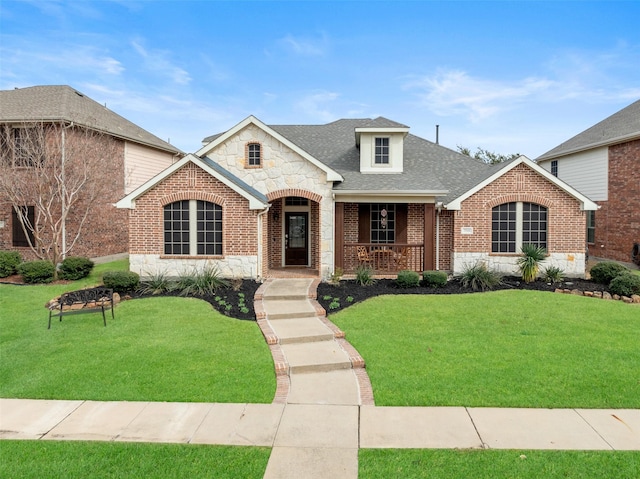 view of front of house featuring brick siding, a front yard, and roof with shingles