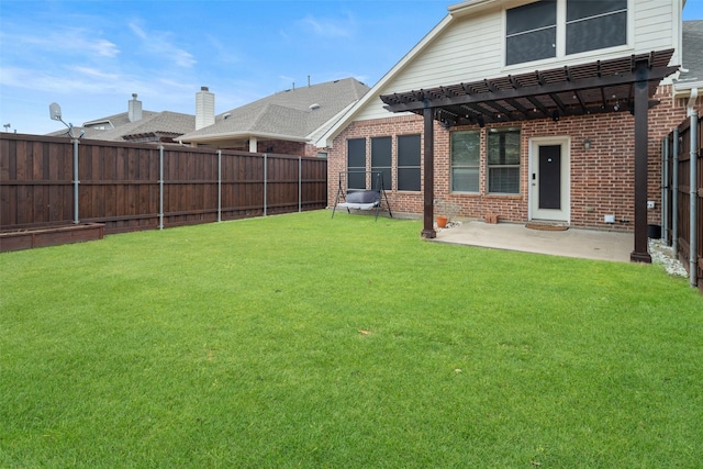 view of yard with a fenced backyard, a patio, and a pergola