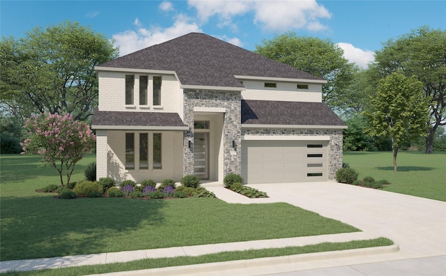 view of front of property featuring brick siding, a shingled roof, a front yard, stone siding, and driveway