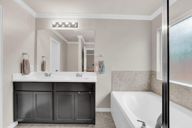 full bathroom with a sink, a bath, and crown molding