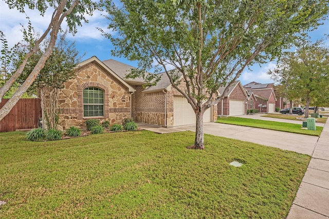 view of front of home featuring driveway, stone siding, an attached garage, fence, and a front lawn