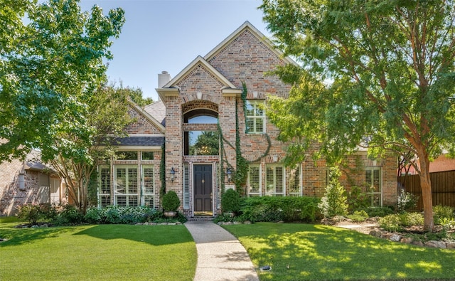 traditional-style home featuring a front yard, a chimney, and brick siding