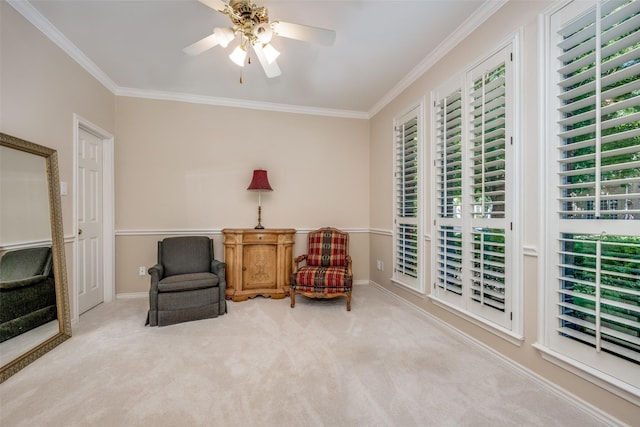 1325 Coral Dr, Coppell, TX 75019 - sitting room featuring carpet flooring, ceiling fan, ornamental molding, and baseboards