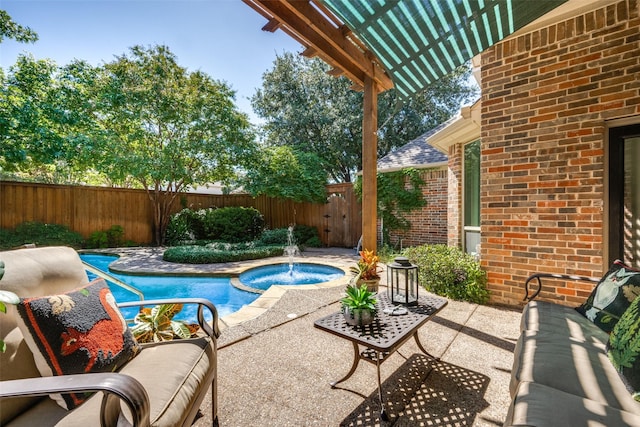 view of pool featuring a fenced backyard, a fenced in pool, and a patio