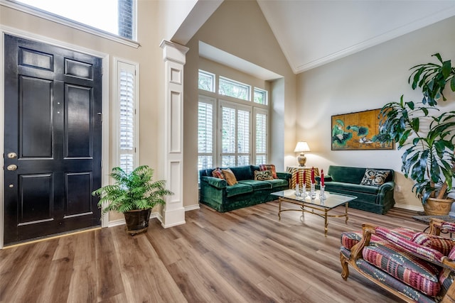 1325 Coral Dr, Coppell, TX 75019 - living room with ornamental molding, wood finished floors, and high vaulted ceiling