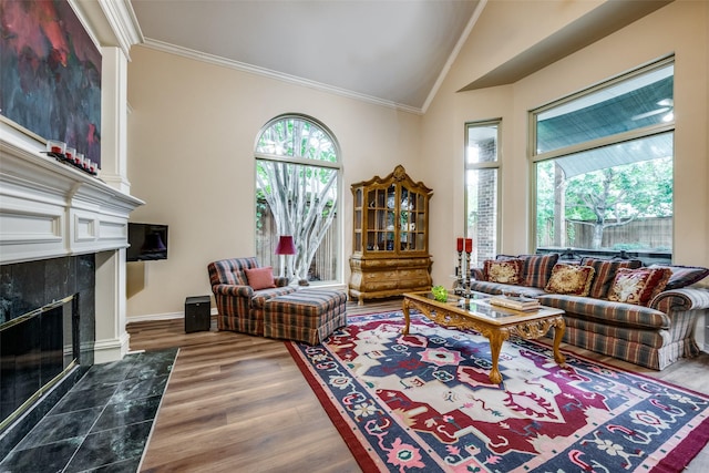 living room with vaulted ceiling, a premium fireplace, wood finished floors, and crown molding