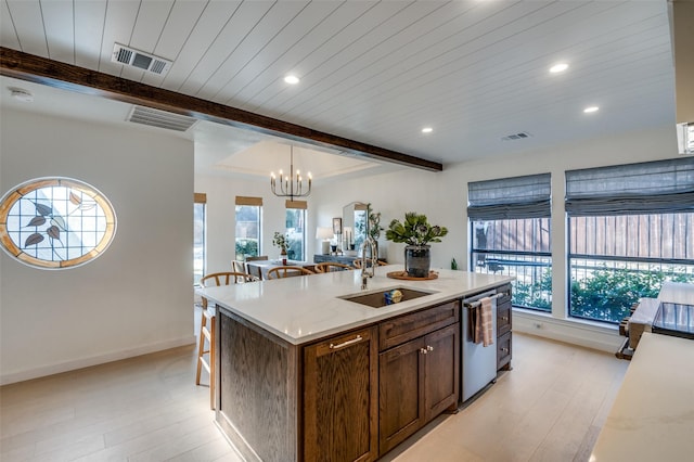 kitchen featuring visible vents, dishwasher, beamed ceiling, a healthy amount of sunlight, and a sink