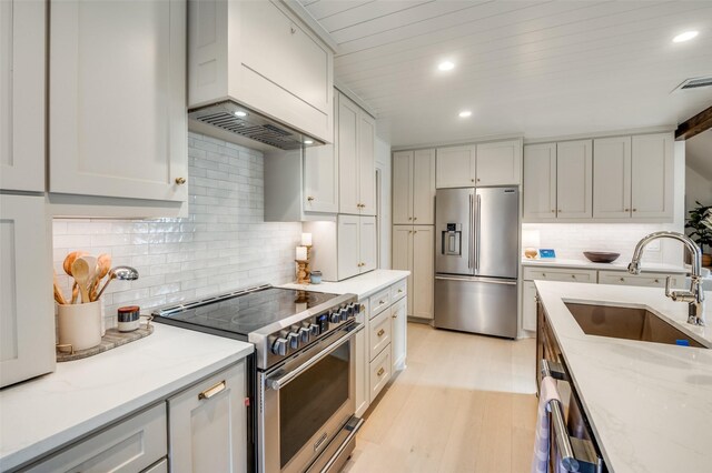 kitchen with stainless steel appliances, custom range hood, visible vents, light wood-style floors, and a sink