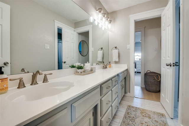 full bathroom with wood finished floors, a sink, and double vanity