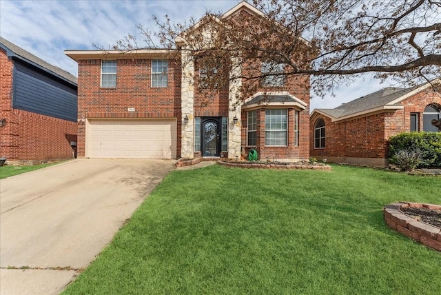 view of front of home with concrete driveway, brick siding, an attached garage, and a front lawn