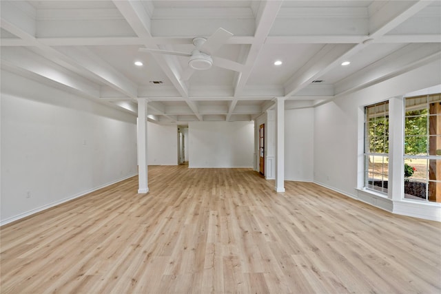 below grade area with ceiling fan, light wood finished floors, recessed lighting, and baseboards