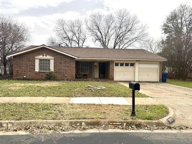 single story home with concrete driveway, brick siding, an attached garage, and a shingled roof