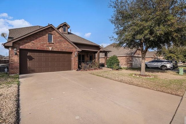 view of front of home with concrete driveway, brick siding, a porch, and an attached garage