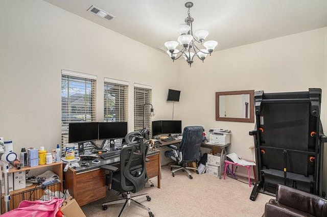 carpeted home office featuring visible vents and an inviting chandelier