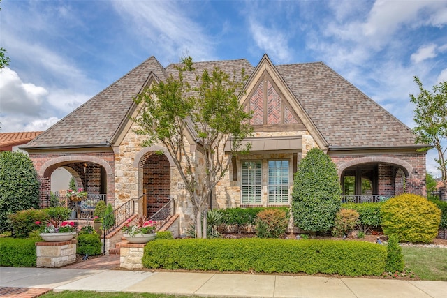 tudor home featuring stone siding, roof with shingles, covered porch, and brick siding