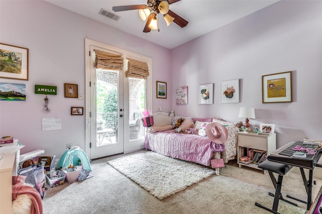 bedroom with visible vents, ceiling fan, access to outside, french doors, and carpet floors