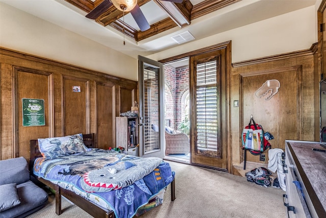 carpeted bedroom with ceiling fan, coffered ceiling, visible vents, access to outside, and beam ceiling