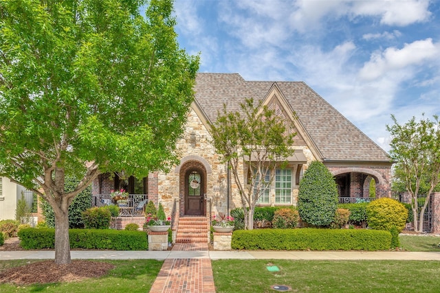 tudor-style house with stone siding, brick siding, and roof with shingles