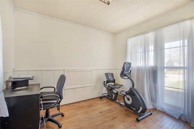 home office featuring a wainscoted wall, light wood-type flooring, a wealth of natural light, and crown molding