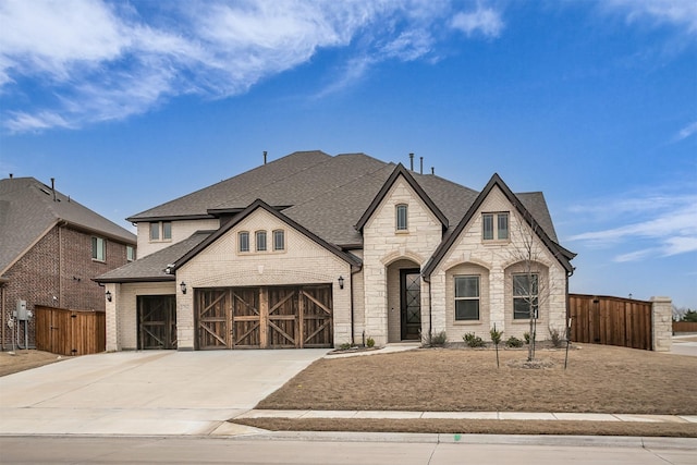 french provincial home featuring a shingled roof, brick siding, driveway, and fence