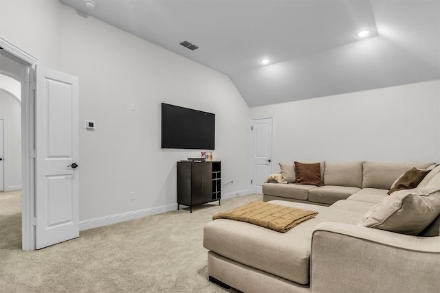 living area with lofted ceiling, recessed lighting, visible vents, light carpet, and baseboards