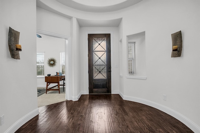 foyer with baseboards and wood finished floors