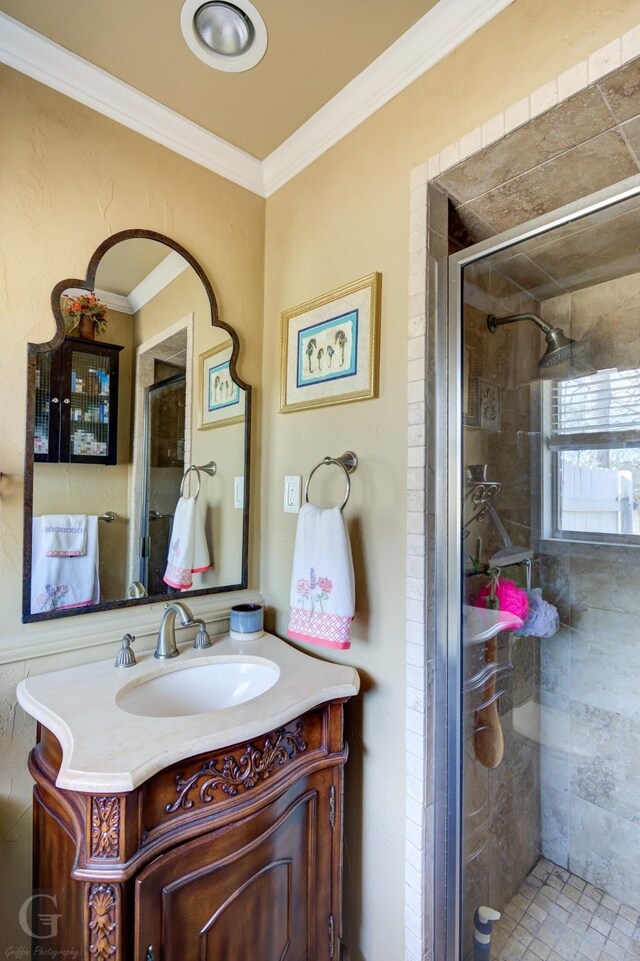 1106 Bryan St, Minden, LA 71055 - bathroom featuring a stall shower, vanity, and crown molding