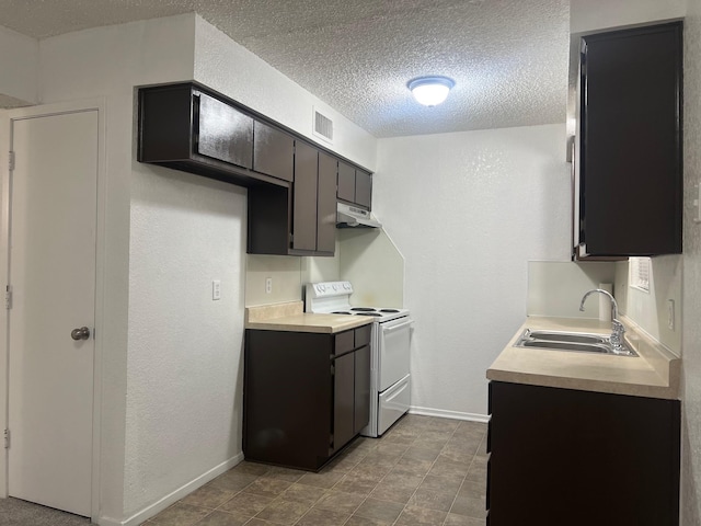 kitchen featuring light countertops, a sink, white electric range oven, and under cabinet range hood