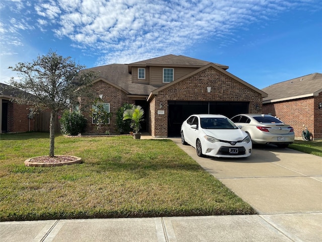 traditional home featuring a front yard, concrete driveway, brick siding, and an attached garage