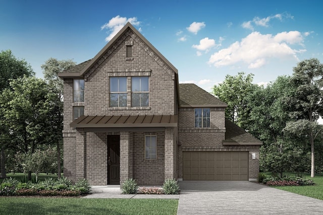 view of front of home featuring metal roof, driveway, brick siding, and a standing seam roof