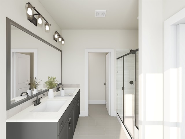 full bathroom featuring visible vents, a sink, a shower stall, and double vanity