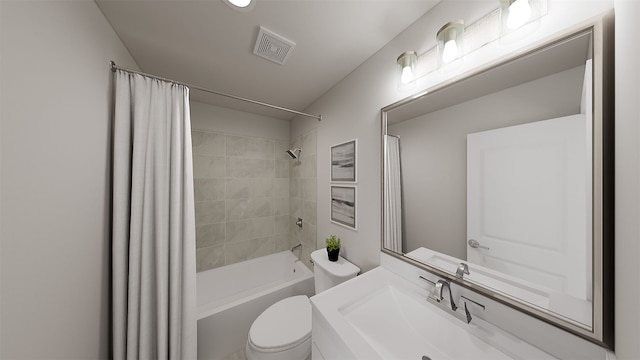 bathroom with visible vents, a sink, toilet, and shower / bath combo with shower curtain