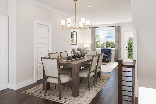 dining room featuring a notable chandelier, recessed lighting, dark wood-style flooring, baseboards, and ornamental molding