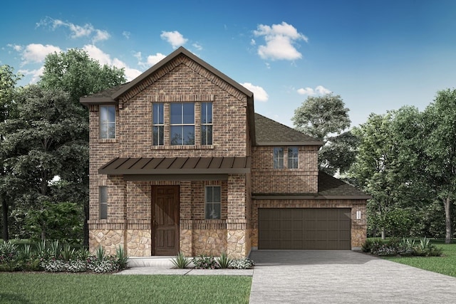 view of front of home featuring metal roof, an attached garage, concrete driveway, stone siding, and a standing seam roof