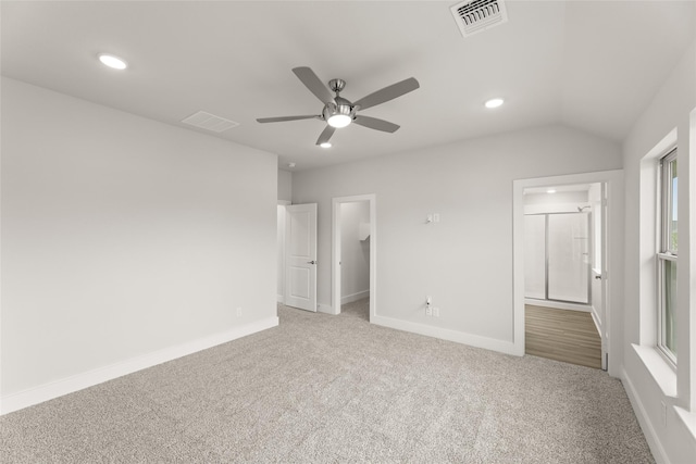 unfurnished bedroom with baseboards, visible vents, carpet flooring, and recessed lighting