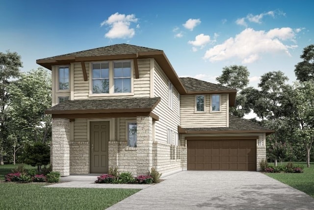 view of front of house with stone siding, concrete driveway, a shingled roof, and an attached garage