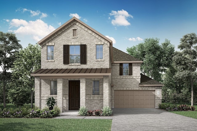 view of front of house featuring driveway, a standing seam roof, a garage, and brick siding