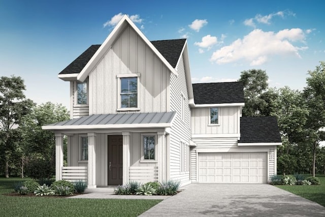 modern inspired farmhouse featuring metal roof, driveway, roof with shingles, board and batten siding, and a standing seam roof