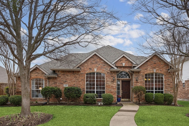 view of front facade with a shingled roof, a front yard, and brick siding