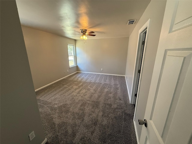 unfurnished room featuring visible vents, ceiling fan, baseboards, and carpet floors