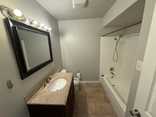 full bathroom featuring visible vents, toilet, baseboards, bathtub / shower combination, and vanity