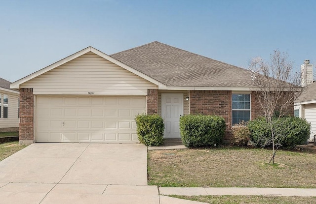 ranch-style house with a garage, driveway, a shingled roof, and brick siding